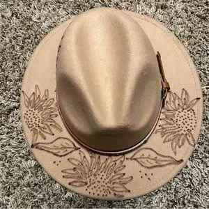 Fadora Felt brim hat one of a kind with hand made floral designs Accessories | Fadora Felt Brim Hat One Of A Kind With Hand  main image 4